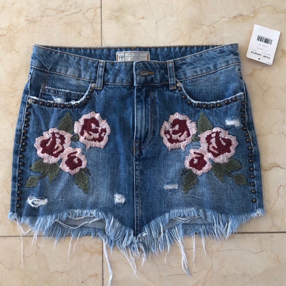Free People NWT Jean Fringe Skirt Sz 26 Rose Patch